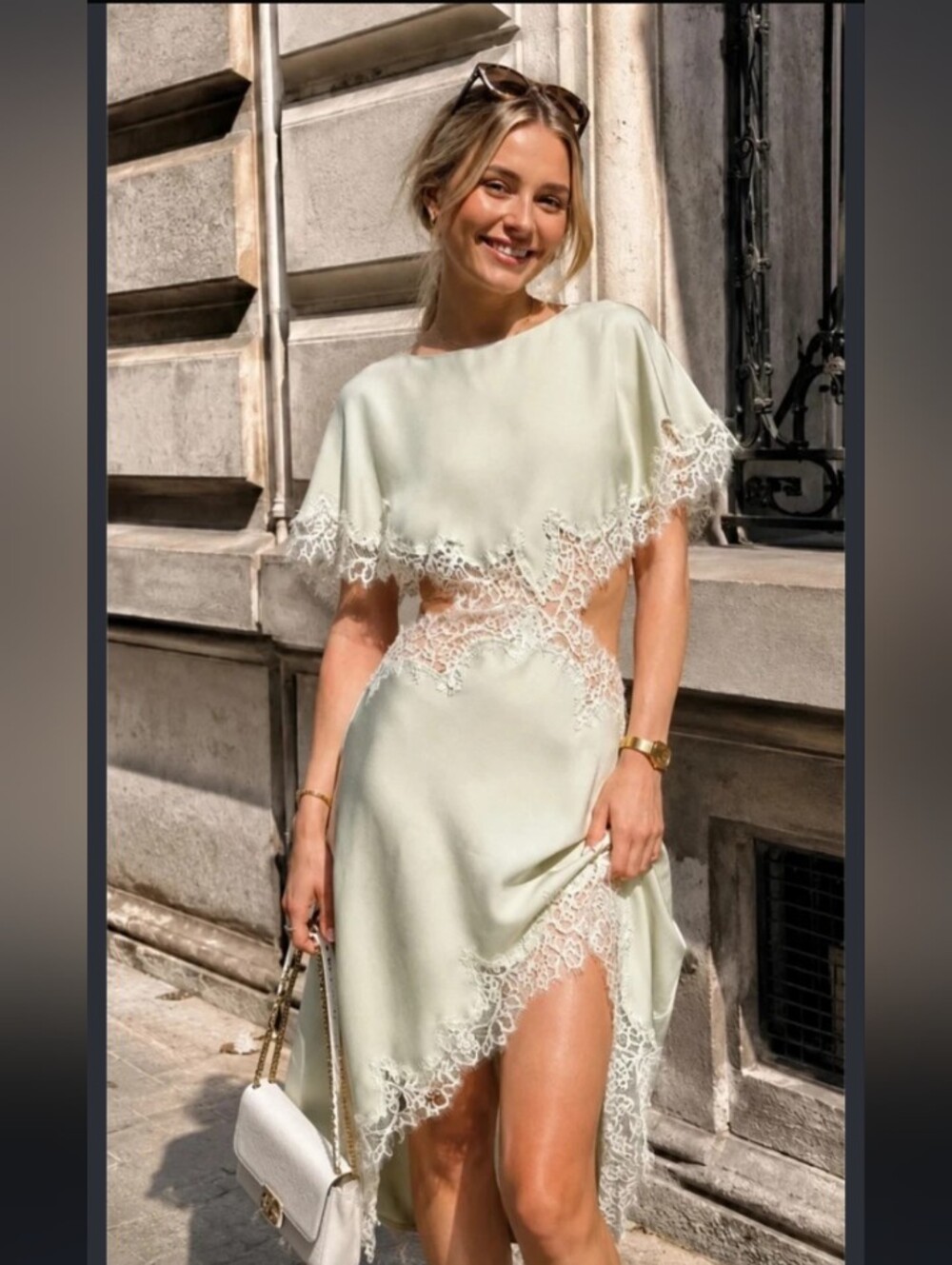 Elegant Lace-Trim Cutout Midi Dress in Pale Sage